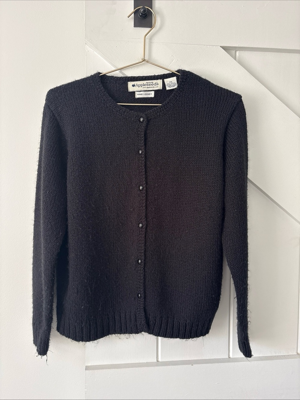 Vintage Appleseeds Hand Loomed Cardigan Petite Medium Black Knit Crew Sweater